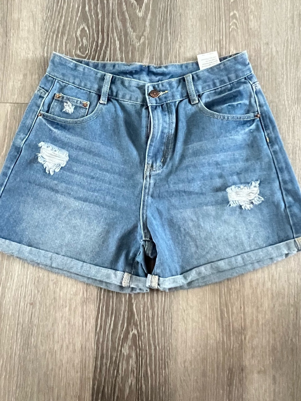 Distressed High-Rise Rolled Hem Denim Shorts - Light Blue
